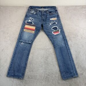 POLO RALPH LAUREN Varick‎ Slim Straight Serape Patch Distressed Jeans Men 34x32